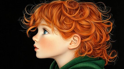 Fototapeta premium Young Child with Vivid Red Curly Hair in Profile