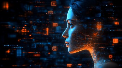 Artificial intelligence forming a woman face emerging from data stream
