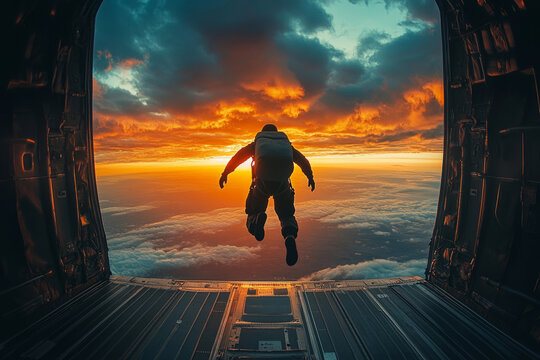 Military paratrooper jumping from an airplane at sunset