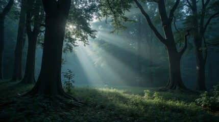 Fototapeta premium Sunlight Rays Breaking Through Trees in a Serene Forest Scene