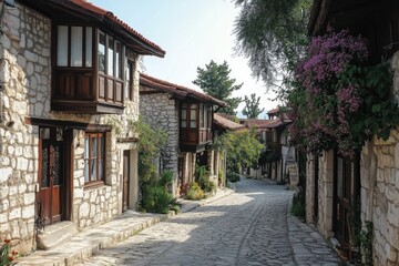 Fototapeta premium Picturesque cobblestone street showcasing traditional stone houses with charming wooden balconies
