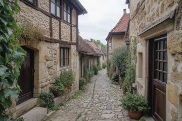 Fototapeta premium Narrow cobblestone street winding through picturesque medieval village with traditional stone houses adorned with plants and flowers