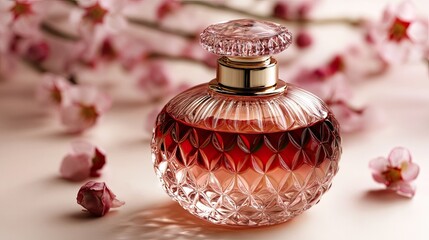 A luxurious glass perfume bottle with blossoming sprigs of apricot, almond or peach next to it. Perfumery. A jar of scented oil or water. Spa and aromatherapy. Illustration for a cover, card, advert.