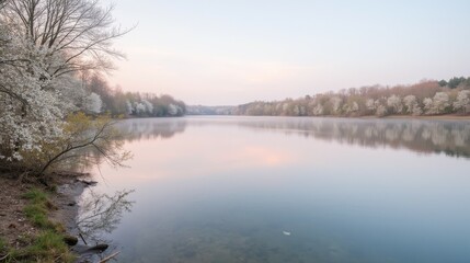Obraz premium Serene Landscape of a Calm Lake Surrounded by Blossoming Trees