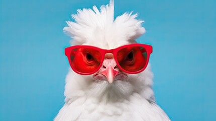 Close-up of a chicken wearing glasses. Portrait of a chicken. Anthopomorphic creature. A fictional character for advertising and marketing. Humorous character for graphic design.
