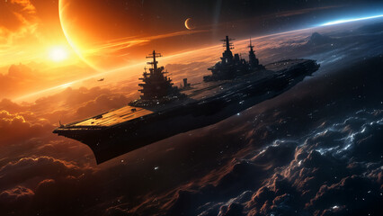Spaceship and war ship  carrier in Orbit
