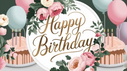 A beautiful birthday celebration scene featuring a 'Happy Birthday' message surrounded by floral elements and balloons, creating a festive atmosphere.