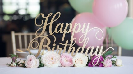 A beautifully arranged birthday table setting featuring pastel flowers and a stylish 'Happy Birthday' sign, creating a festive and elegant atmosphere.