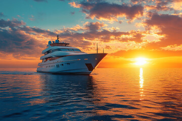 Obraz premium Luxury yacht sailing towards the sunset in the golden hour