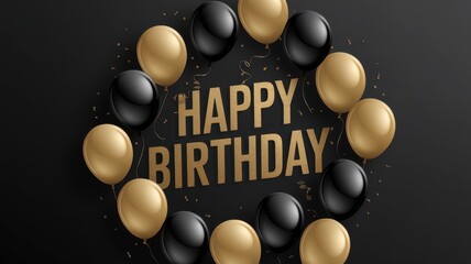 A festive birthday celebration with elegant black and gold balloons framing a bold 'Happy Birthday' message on a dark background.