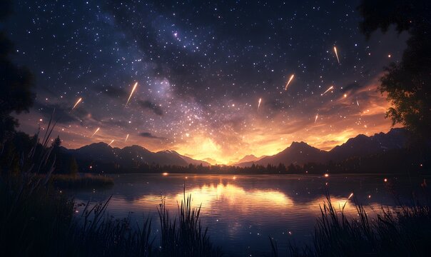 Night sky with shooting stars over reflective lake and mountain landscape with trees
