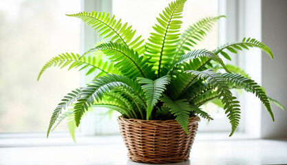Fototapeta premium Leafy fern in a basket pot on window sill with bright background and copy space