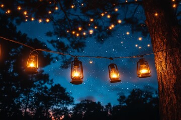 Four lit kerosene lanterns hanging from string lights illuminate a starry night sky, creating a magical and enchanting atmosphere