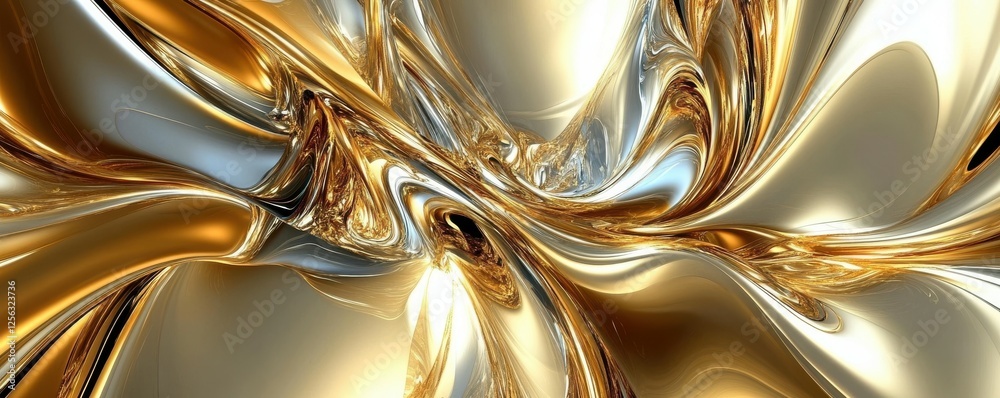 Poster abstract gold and silver metallic swirls creating dynamic visual patterns in motion
