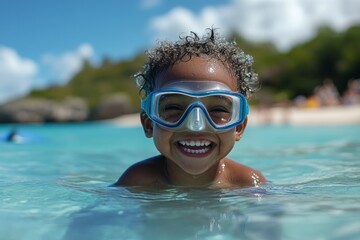 Naklejka premium Smiling child wearing swimming goggles enjoys a refreshing swim in turquoise tropical waters