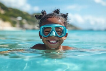 Naklejka premium Portrait of a smiling child wearing a diving mask swimming in turquoise tropical sea water on summer vacation