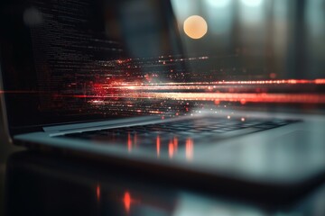 Computer desktop background features AR hologram drawings in a top view, captured through multi-exposure photography, illustrating the concept of augmented reality