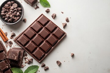 Delicious dark chocolate bar with chocolate chips, cinnamon sticks and mint leaves