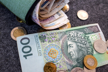 Polish zloty banknotes and coins spilling out of a wallet