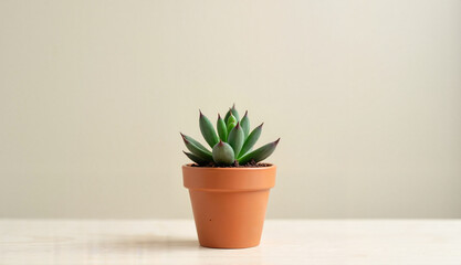 Fototapeta premium Small succulent plant in a clay pot on a wooden surface with soft background and copy space