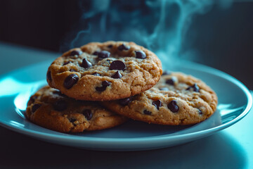 A plate of chocolate chip cookies on a blue plate with smoke coming out of it