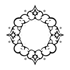 Geometric circular arrangement of stylized clouds and stars, presented in a clean black and white art.