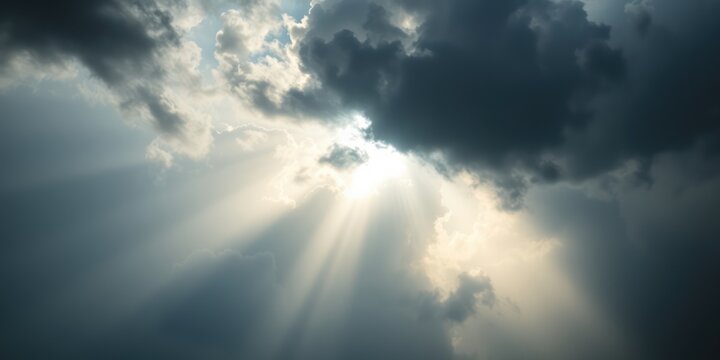 Rays of light penetrate dark clouds, creating an uplifting atmosphere that evokes feelings of hope, inspiration, and spiritual connection, especially during Easter
