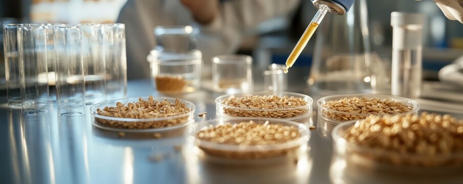 Scientist examining grains in laboratory setting with precision instruments and materials