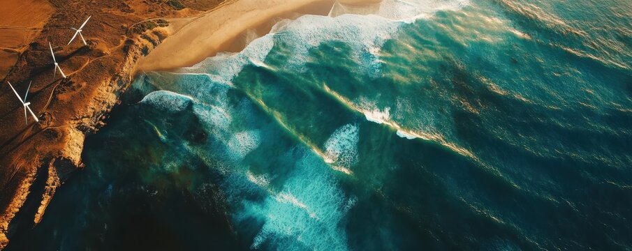 Aerial view of coastal waves and wind turbines at sunset