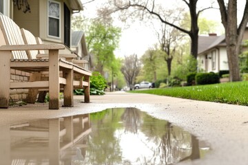 Suburban neighborhood after rain with wooden bench and reflective puddle