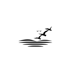 Silhouette of Seabirds and Waves: A Minimalist depiction of seagulls in flight over stylized water.