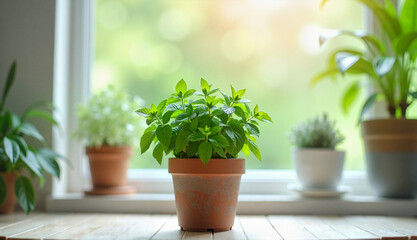 Fototapeta premium Mint plant in a recycled pot on a windowsill with soft sunlight and copy space