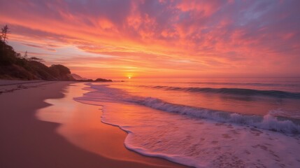 Obraz premium Breathtaking Sunset Over Tranquil Beach with Colorful Sky Reflections