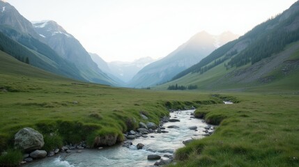 Serene Mountain Valley with Flowing Stream and Lush Greenery