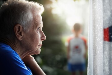 Elderly caucasian male gazing out window at young male outdoors in morning light
