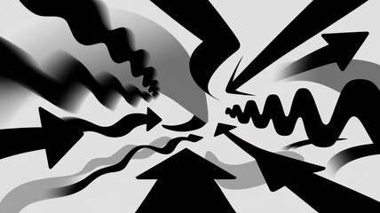Abstract black and white arrows flow dynamically, symbolizing movement and direction in a visually striking design.