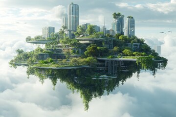 Futuristic green city floating among clouds, showcasing sustainable architecture and urban development in harmony with nature