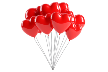 A cluster of shiny red heart-shaped balloons floating against white transparent background, symbolizing love and celebration of Valentine Day