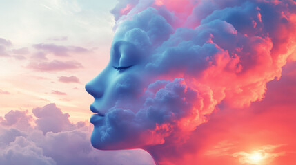 Clouds Take the Form of a Serene Face Against a Colorful Sky at Dusk, Blending Nature With Human Features in a Dreamlike Manner