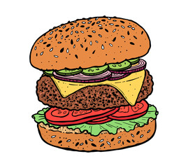 Vector illustration of burger fast food meal with cutlet and cheese