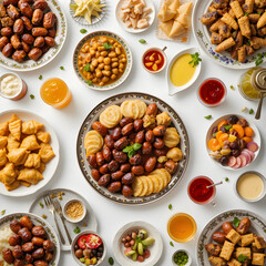 Delicious festive middle eastern food platter with dates and sweets top on transparent background