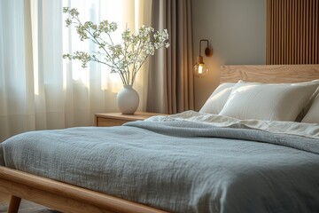 Serene japandi-inspired bedroom design in neutral colors modern interior cozy ambiance calming viewpoint