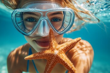 Young woman with snorkeling mask holding starfish underwater in turquoise ocean