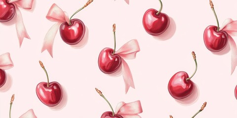 Romantic cherry pattern with bright red cherries tied with pink satin bows on a pastel pink background, creating a sweet and playful design