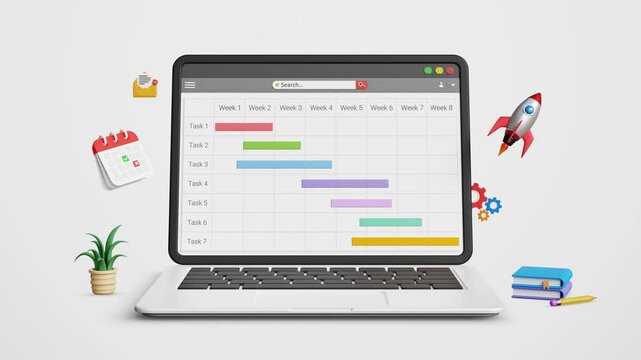 Business project management system, work progress and schedule, agenda planning concept. Business tasks planning with gantt chart on a laptop. 4K 3D animation