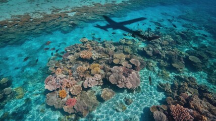 Obraz premium Aerial view of vibrant coral reefs with a shadow of an airplane cast over clear turquoise waters, showcasing the underwater ecosystem.