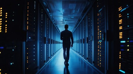 Technician IT engineer walking in dark server room, holding tablet, checking big data center and futuristic technology Management. A specialist ensures cybersecurity