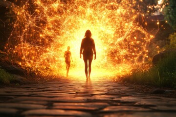 Fototapeta premium Silhouetted figures walk through glowing portal of light in mystical forest setting