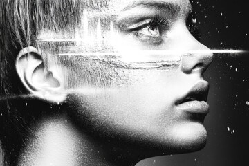 Abstract portrait of young female with futuristic digital overlay