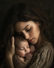 Heartwarming Portrait of a Mother Holding Her Sleeping Baby in a Softly Lit, Intimate Setting  

